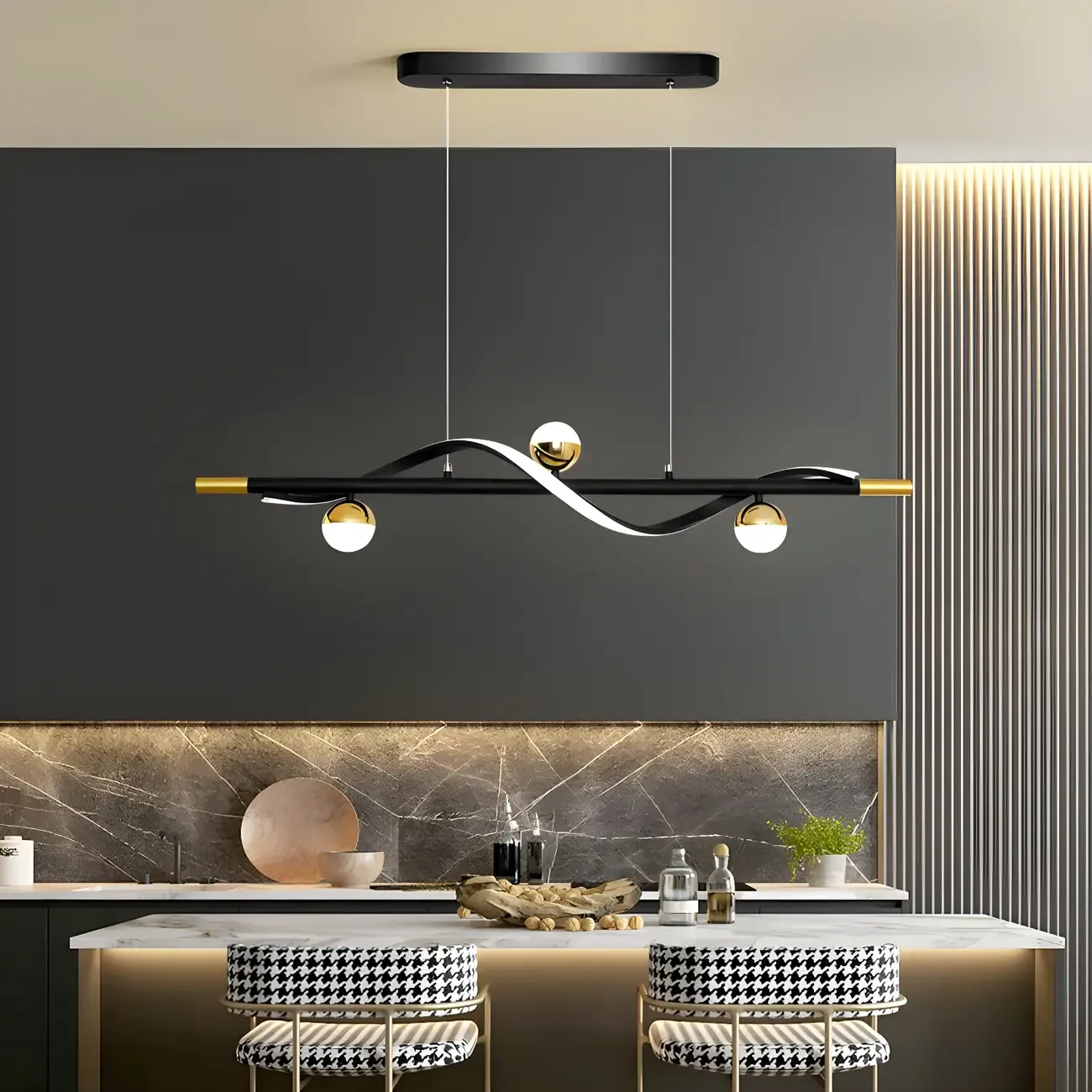 Abstract Black Metal Wave Island Pendant Light Image - 5