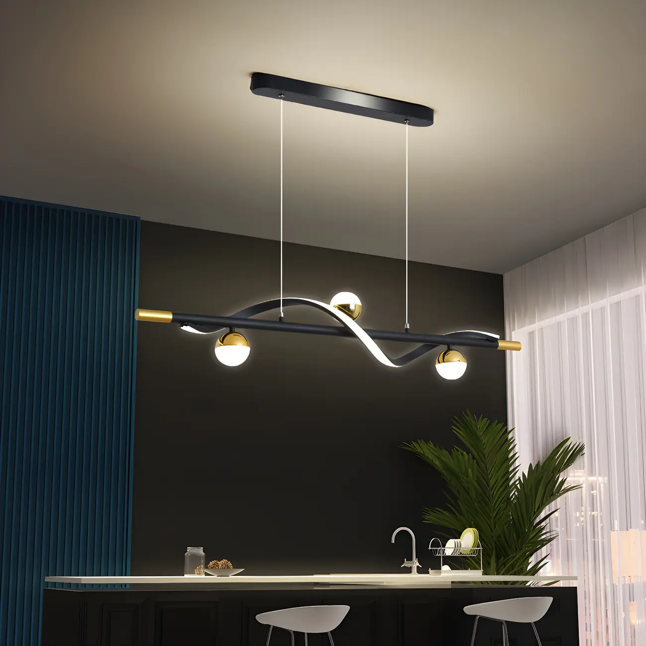 Abstract Black Metal Wave Island Pendant Light Image - 15 | homeyfad