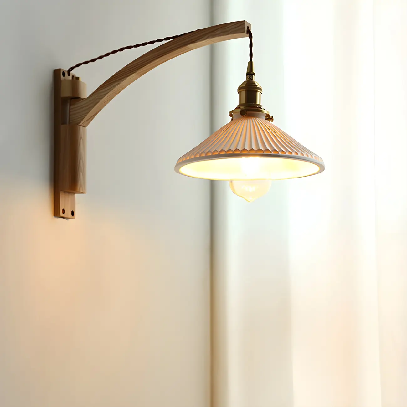 Rustic Wood Brass White Adjustable Swing Arm Wall Light Image - 1 | homeyfad