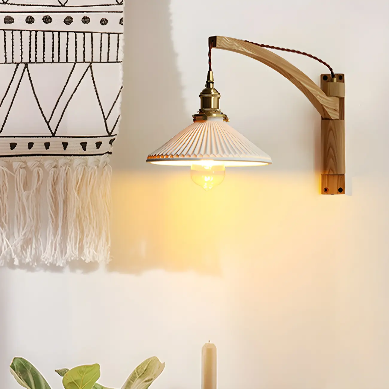 Rustic Wood Brass White Adjustable Swing Arm Wall Light Image - 2 | homeyfad