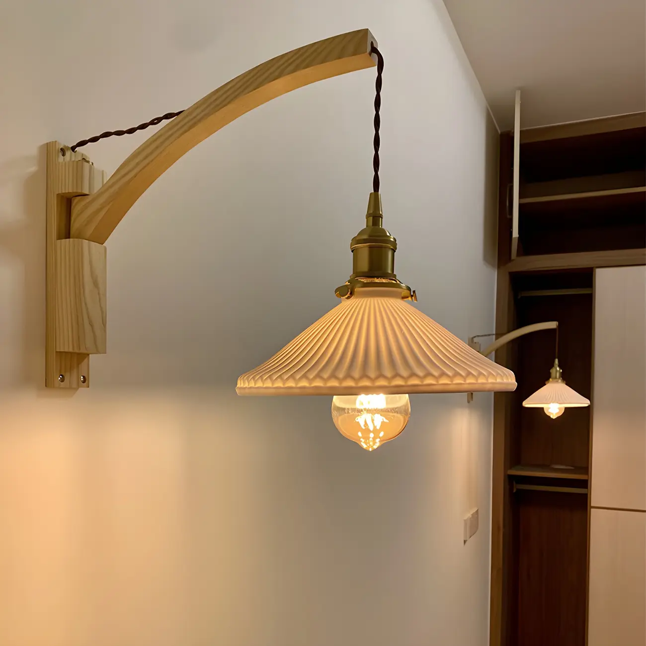 Rustic Wood Brass White Adjustable Swing Arm Wall Light Image - 3 | homeyfad