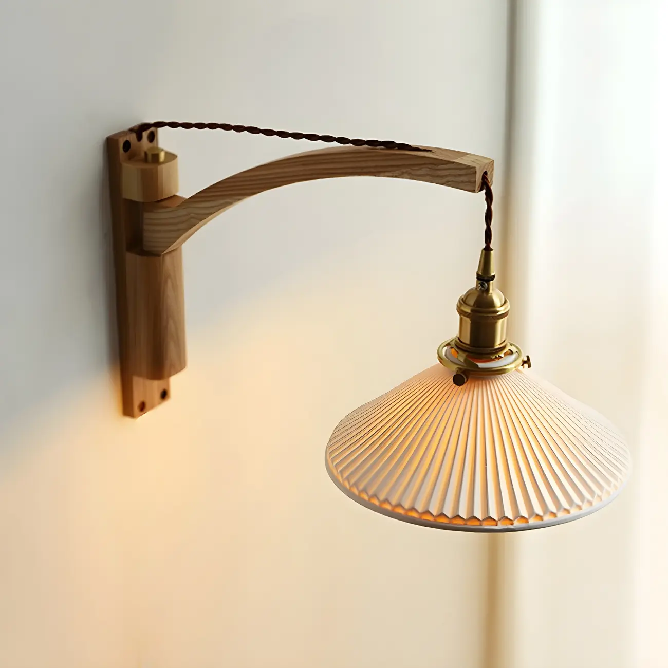 Rustic Wood Brass White Adjustable Swing Arm Wall Light Image - 4 | homeyfad