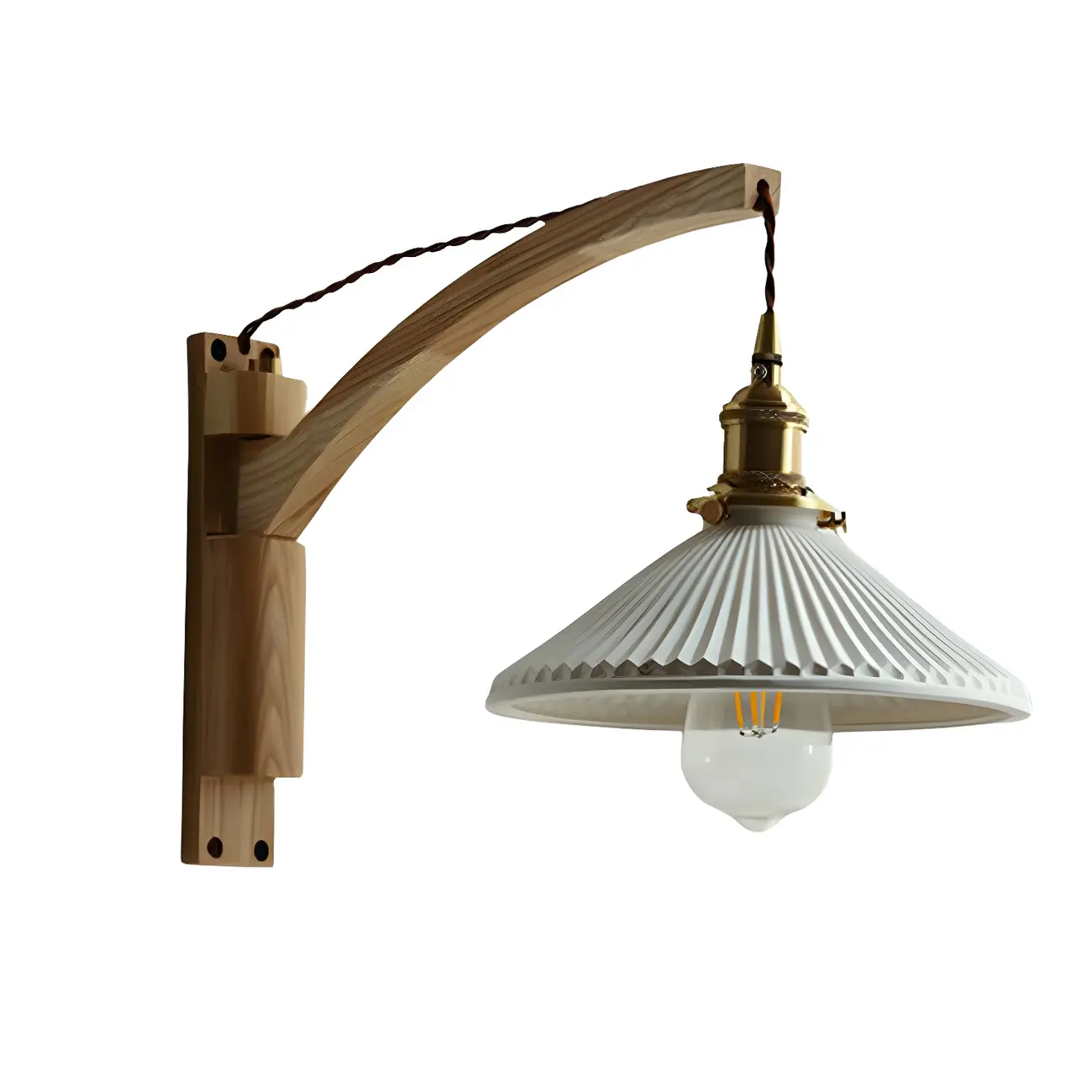 Rustic Wood Brass White Adjustable Swing Arm Wall Light Image - 8 | homeyfad