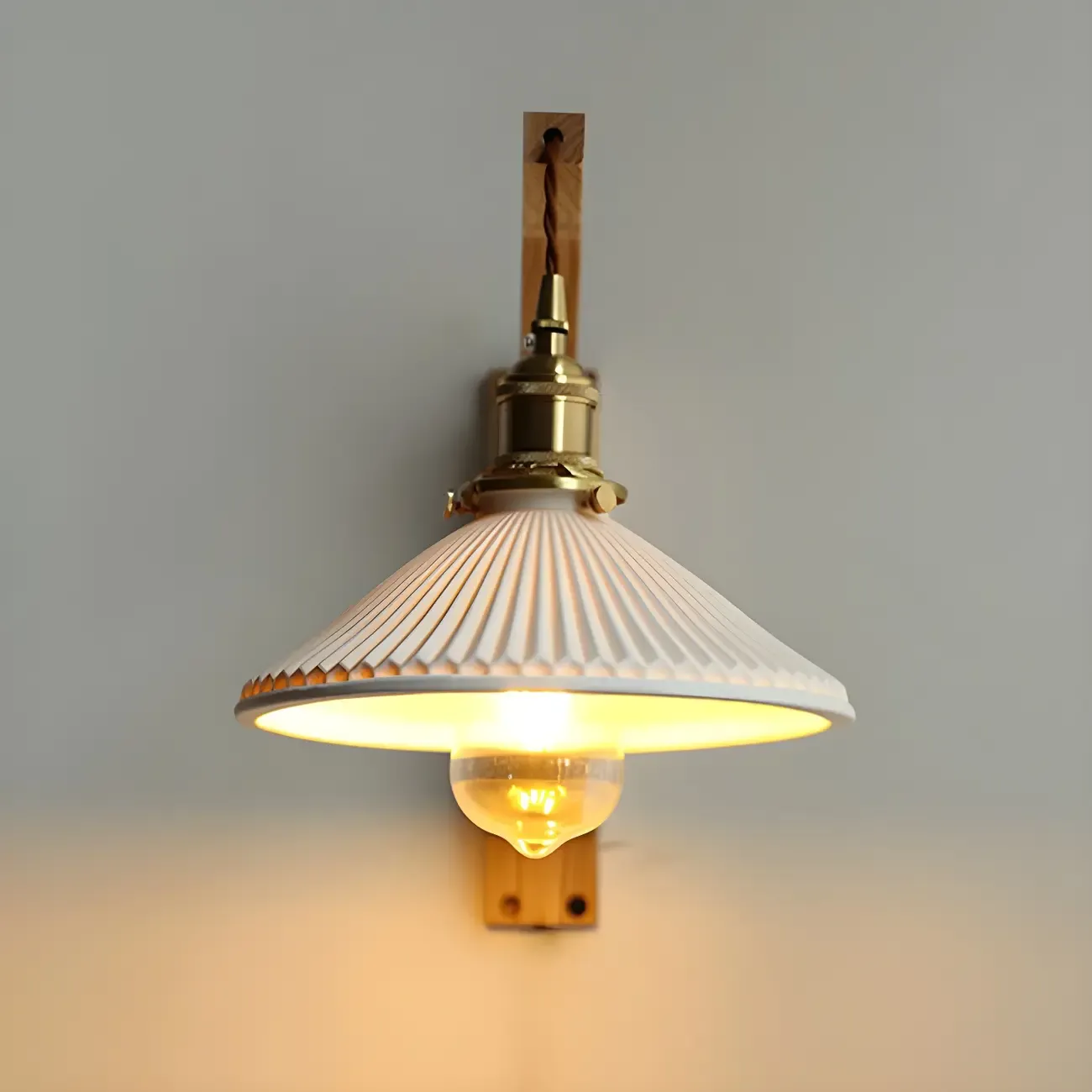 Rustic Wood Brass White Adjustable Swing Arm Wall Light Image - 5