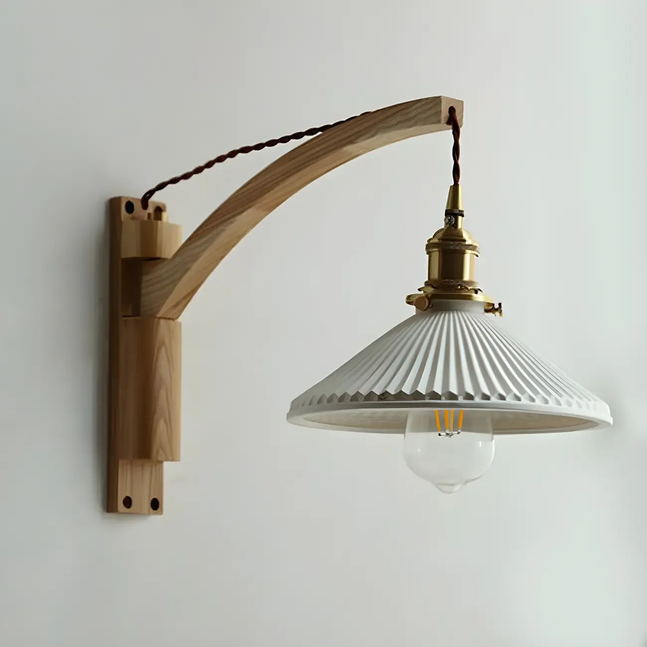Rustic Wood Brass White Adjustable Swing Arm Wall Light Image - 6