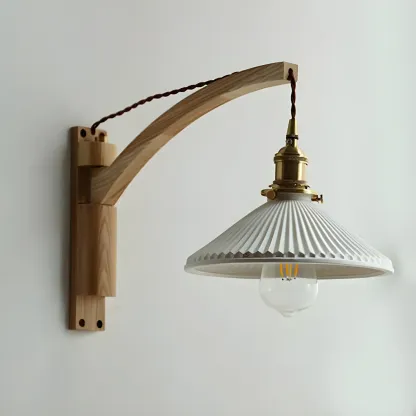 Rustic Wood Brass White Adjustable Swing Arm Wall Light Image - 6