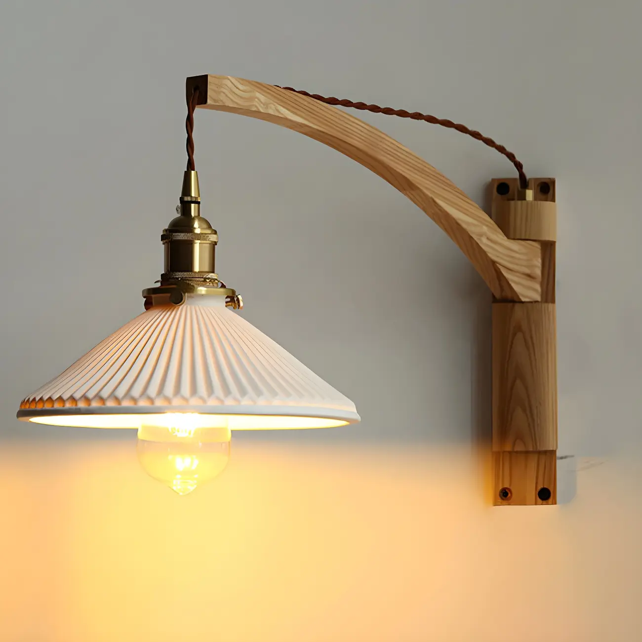 Rustic Wood Brass White Adjustable Swing Arm Wall Light Image - 7 | homeyfad