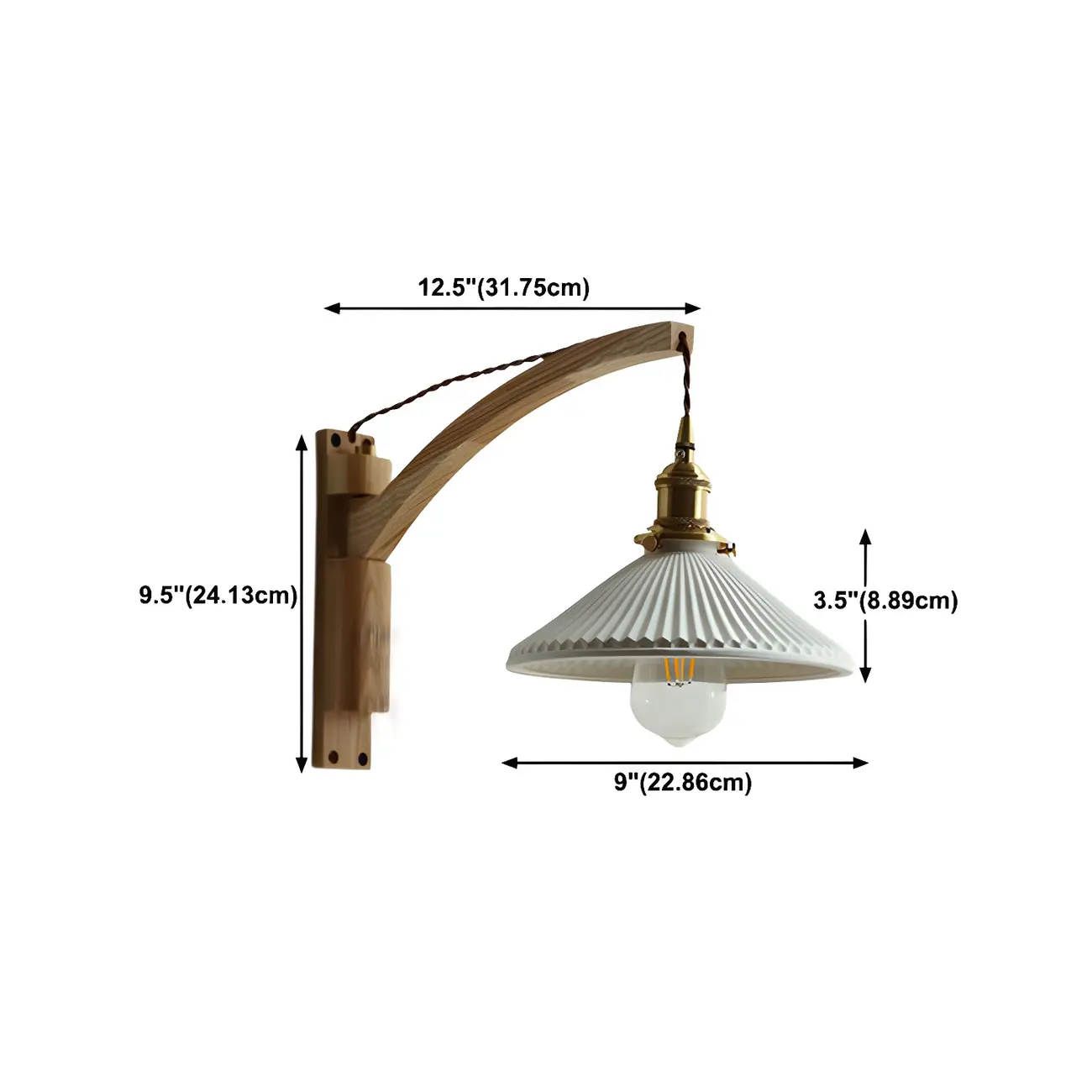 Rustic Wood Brass White Adjustable Swing Arm Wall Light #size