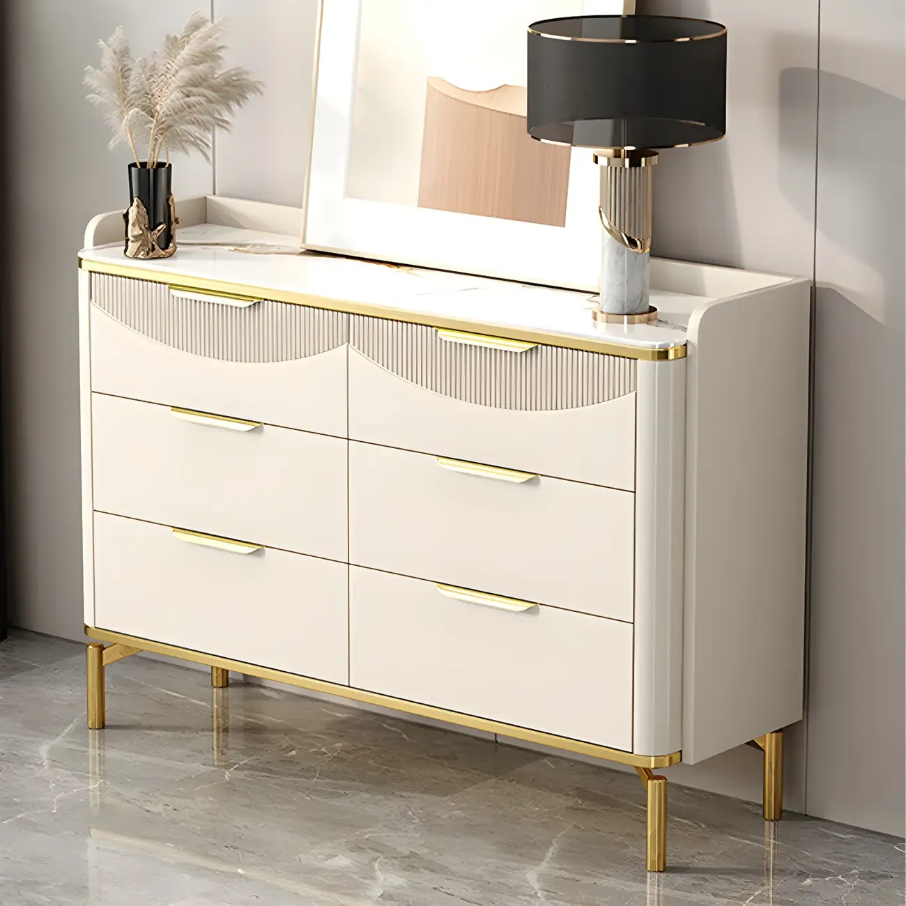 Glam White Wooden Dresser with Gold Handles for Bedroom Image - 1