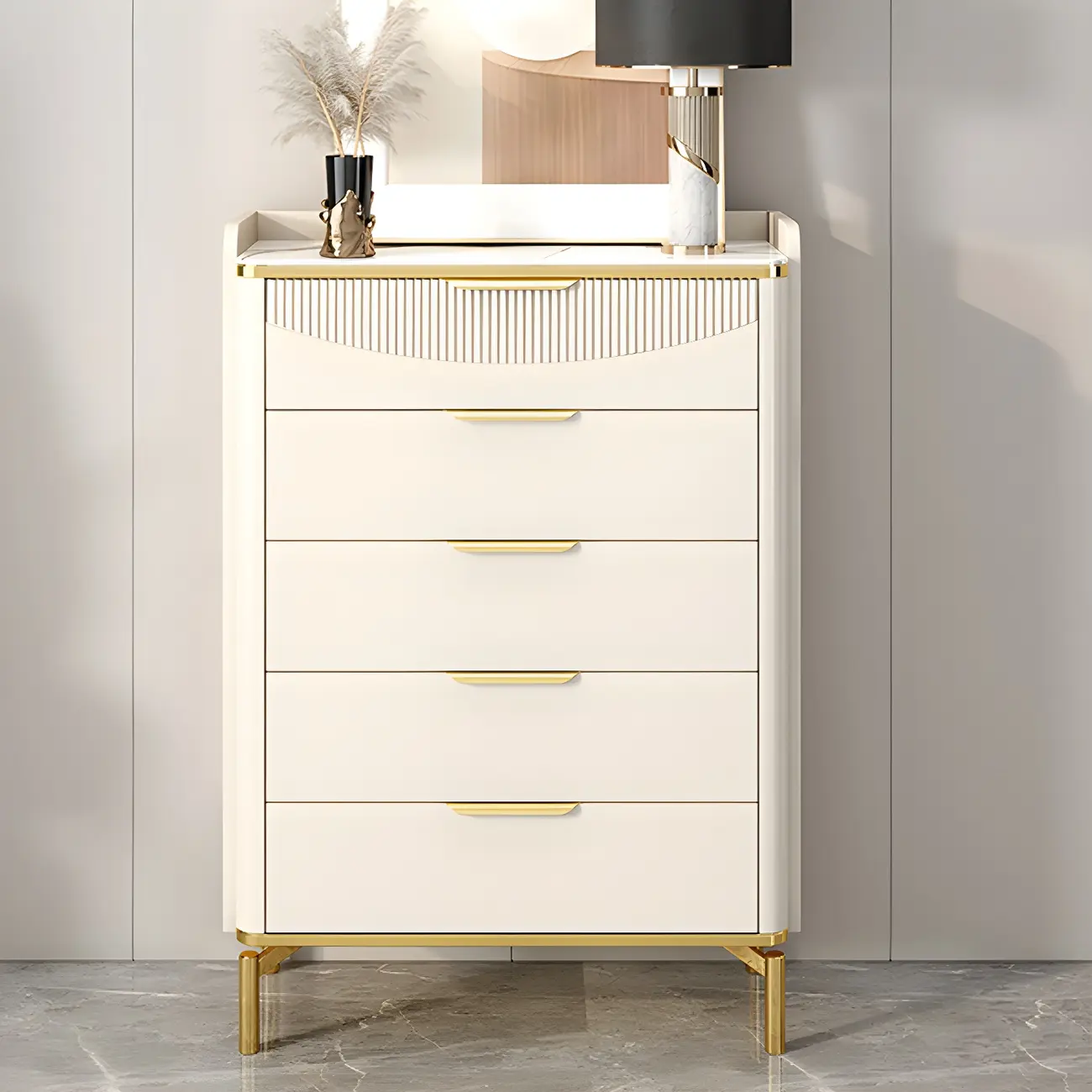 Glam White Wooden Dresser with Gold Handles for Bedroom Image - 2 | homeyfad