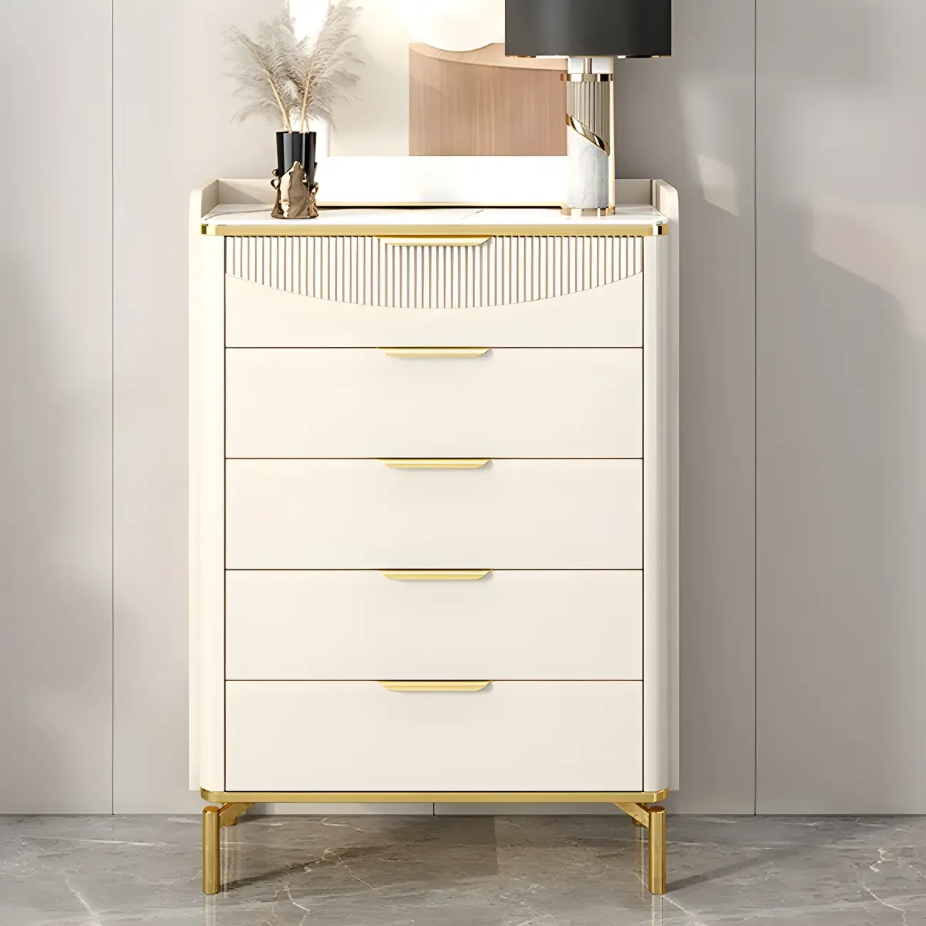 Glam White Wooden Dresser with Gold Handles for Bedroom Image - 2