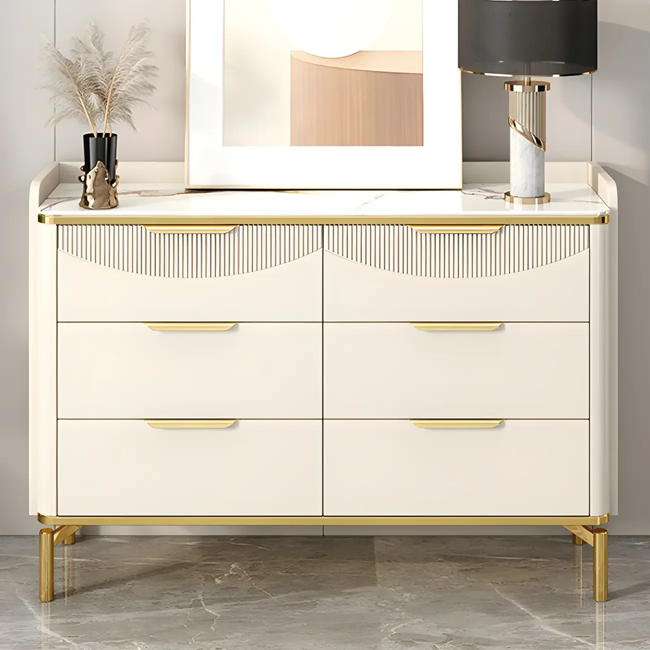 Glam White Wooden Dresser with Gold Handles for Bedroom Image - 4