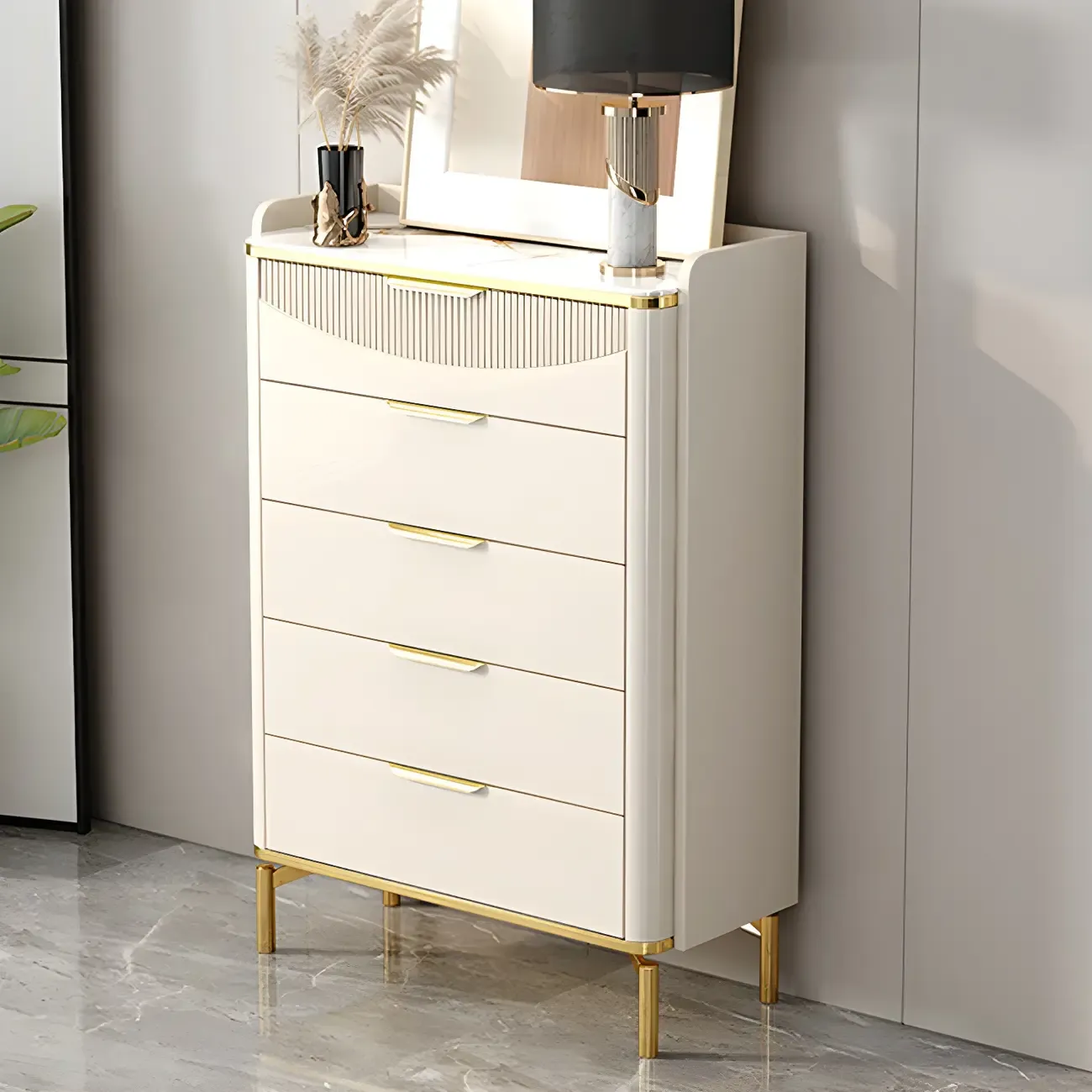 Glam White Wooden Dresser with Gold Handles for Bedroom Image - 5