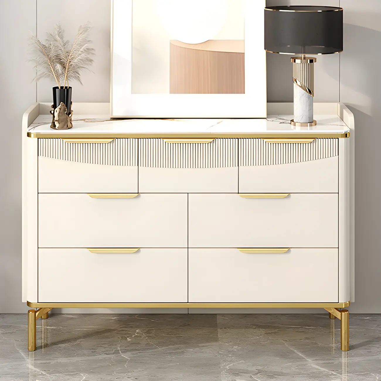 Glam White Wooden Dresser with Gold Handles for Bedroom Image - 6 | homeyfad