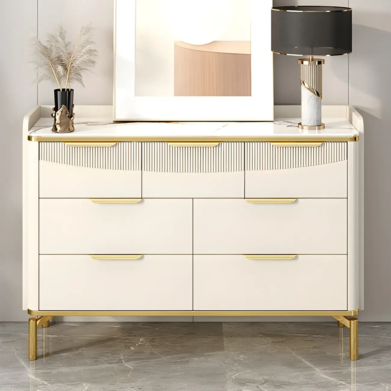 Glam White Wooden Dresser with Gold Handles for Bedroom Image - 6