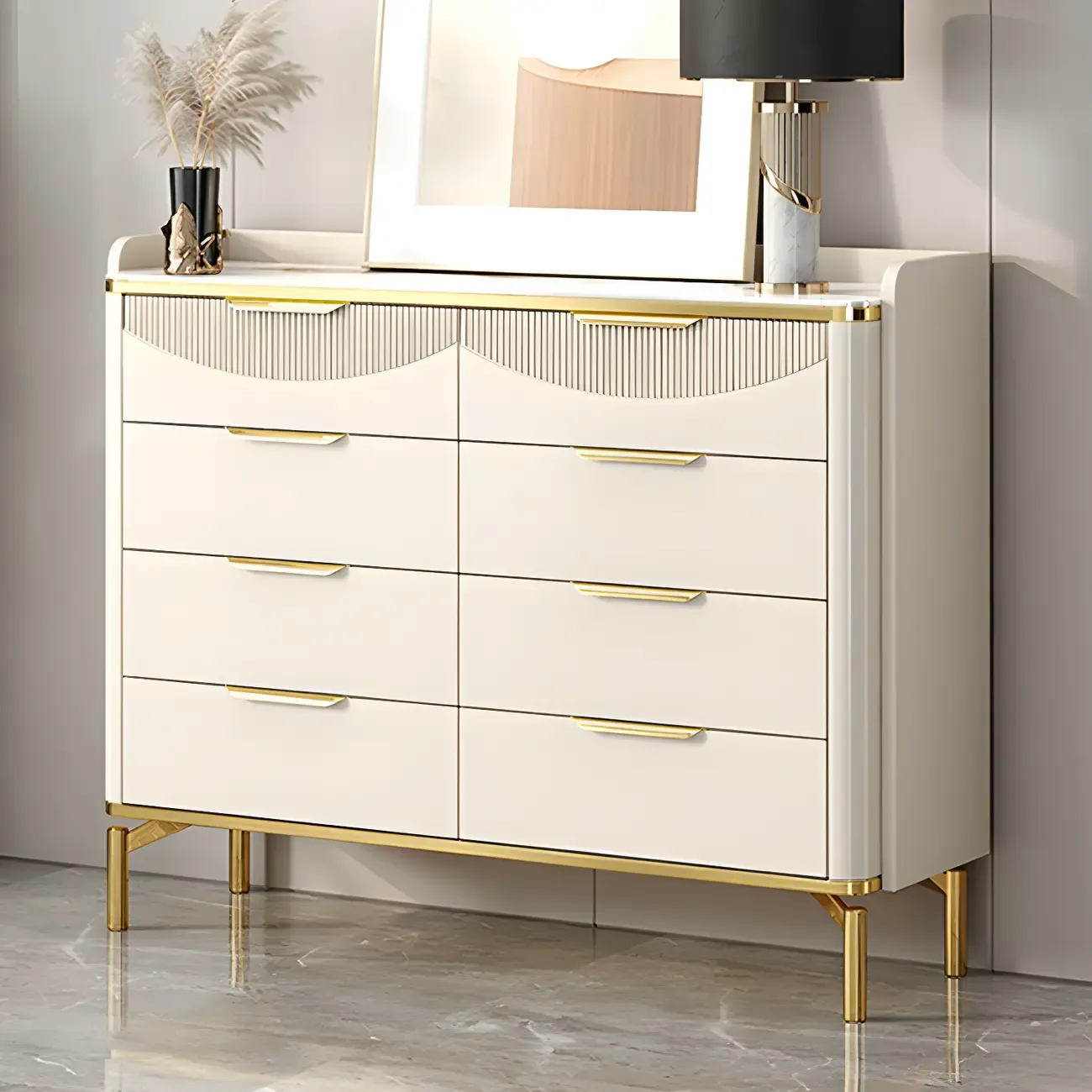 Glam White Wooden Dresser with Gold Handles for Bedroom Image - 3