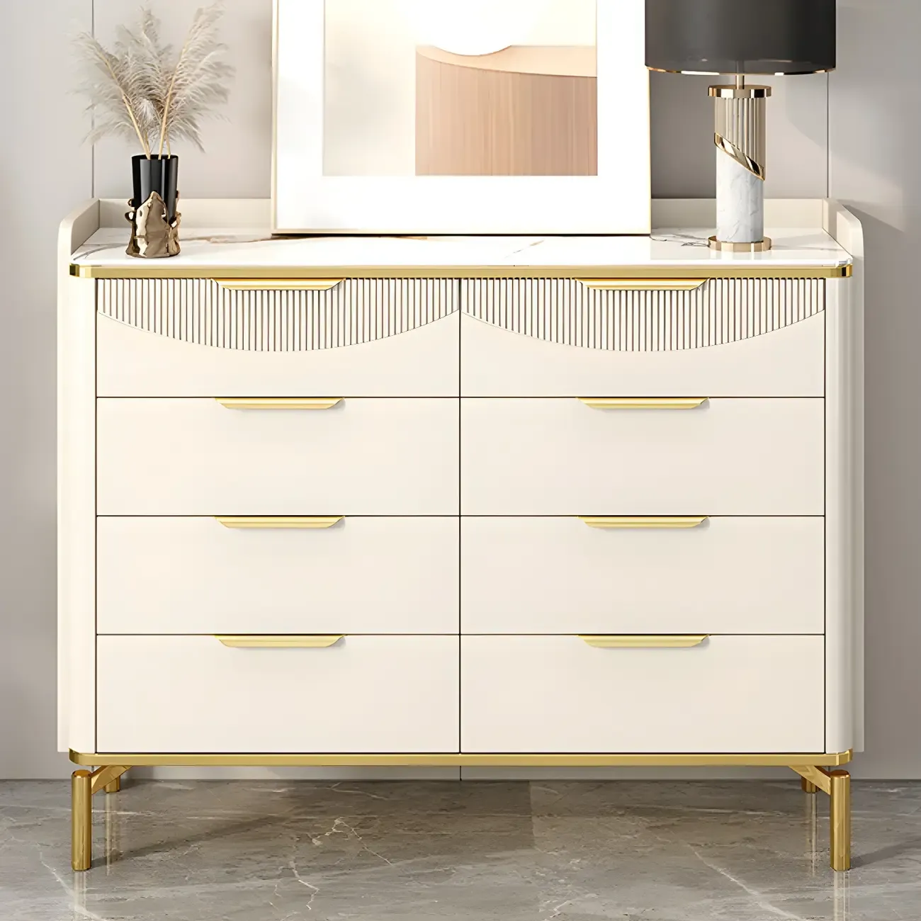 Glam White Wooden Dresser with Gold Handles for Bedroom Image - 7