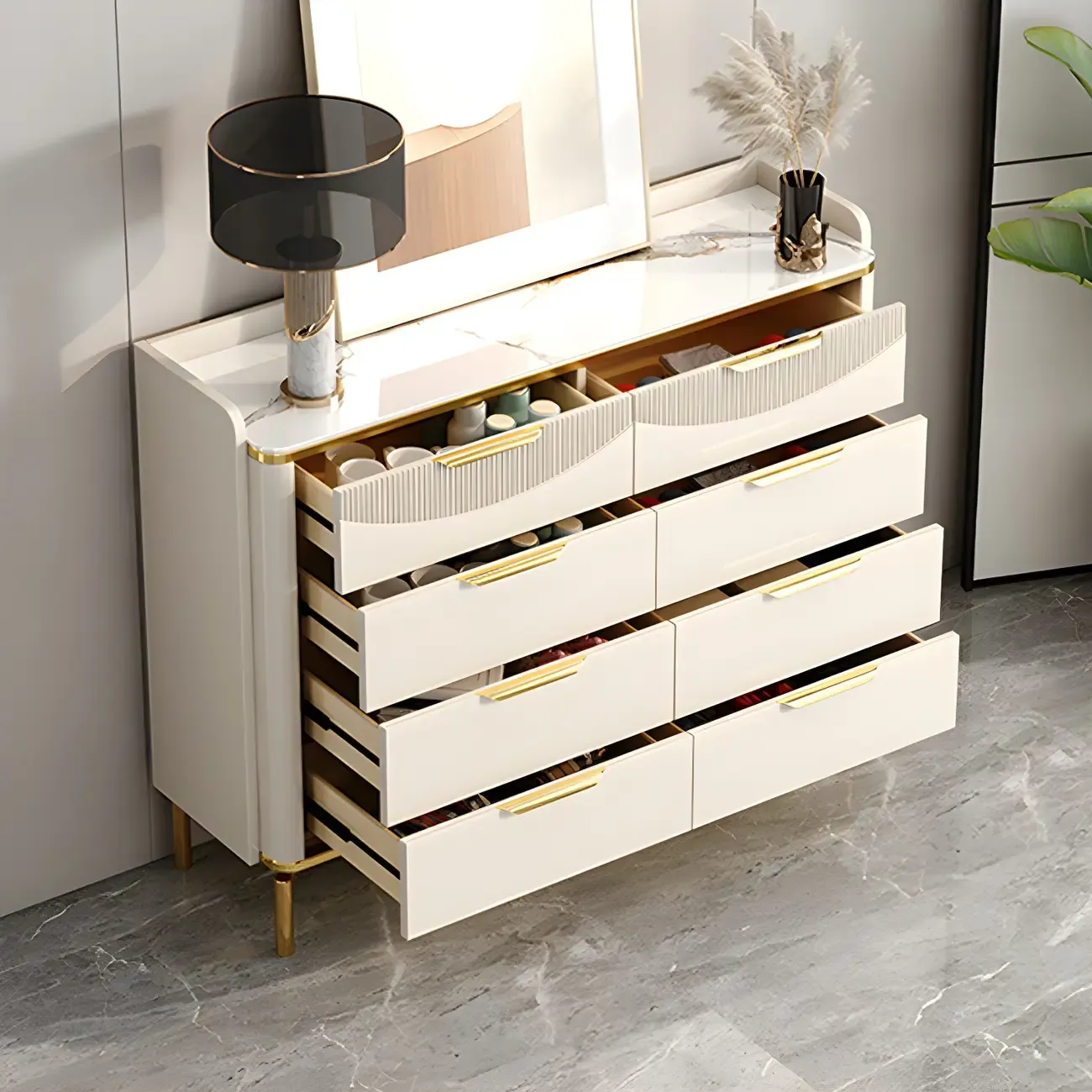 Glam White Wooden Dresser with Gold Handles for Bedroom Image - 8