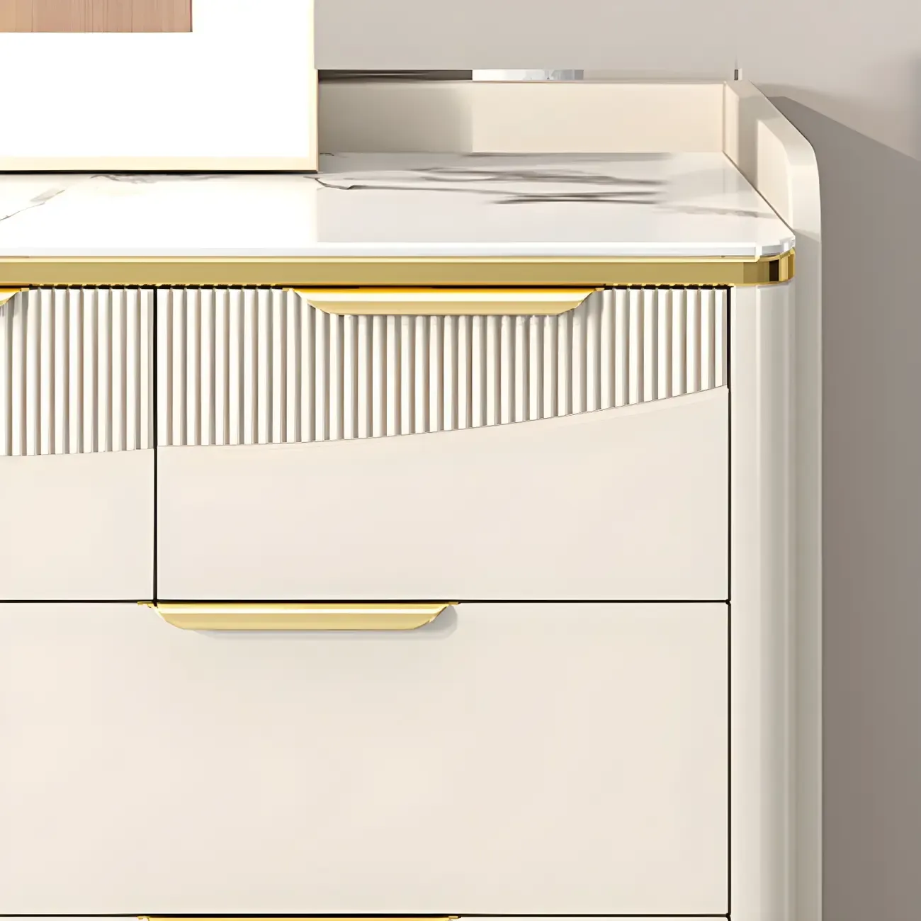 Glam White Wooden Dresser with Gold Handles for Bedroom Image - 11