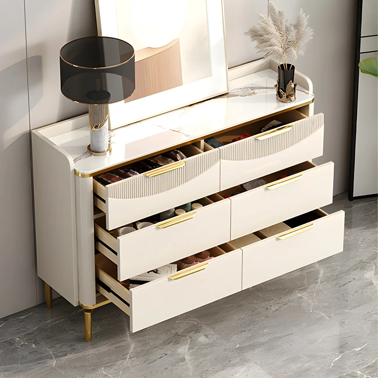 Glam White Wooden Dresser with Gold Handles for Bedroom Image - 14 | homeyfad