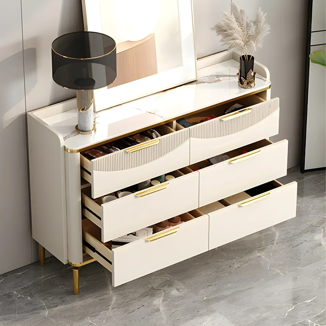 Glam White Wooden Dresser with Gold Handles for Bedroom Image - 14