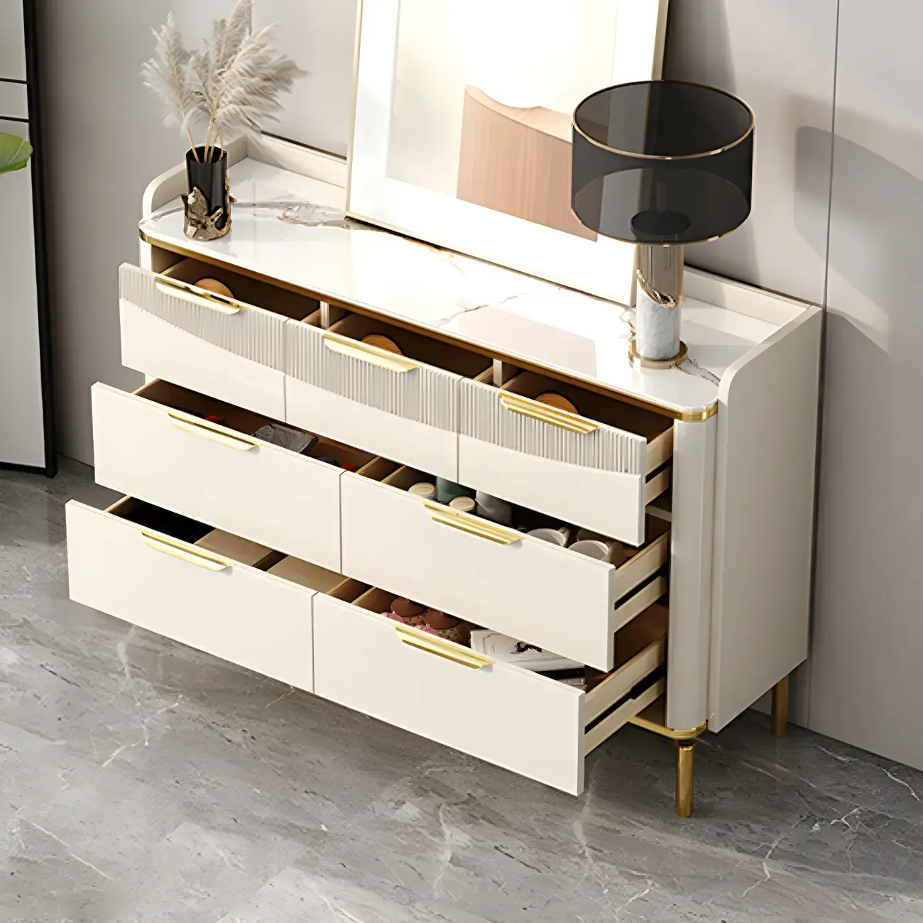 Glam White Wooden Dresser with Gold Handles for Bedroom Image - 15