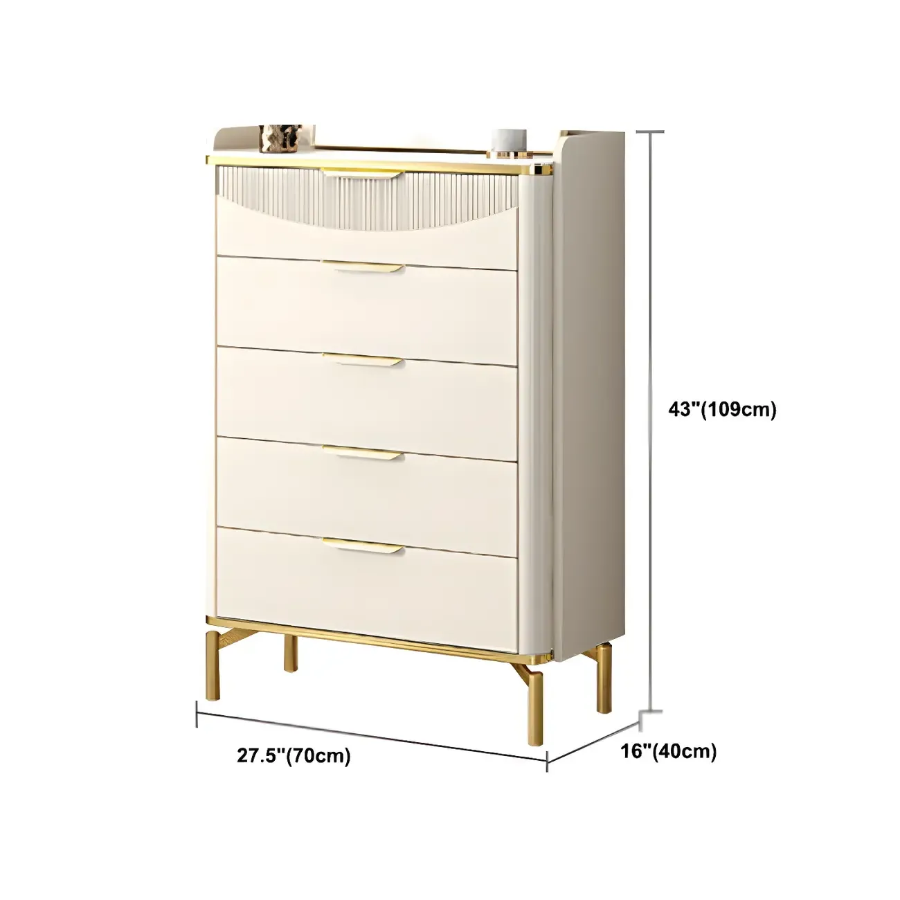 Glam White Wooden Dresser with Gold Handles for Bedroom #size