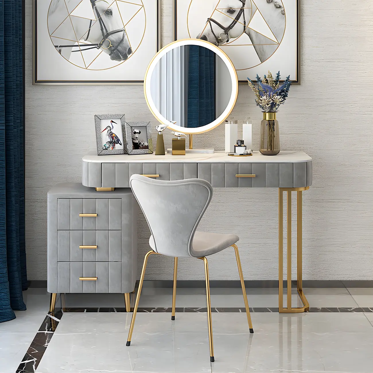Glam Wood Green Makeup Vanity with Side Cabinet Image - 4 | homeyfad