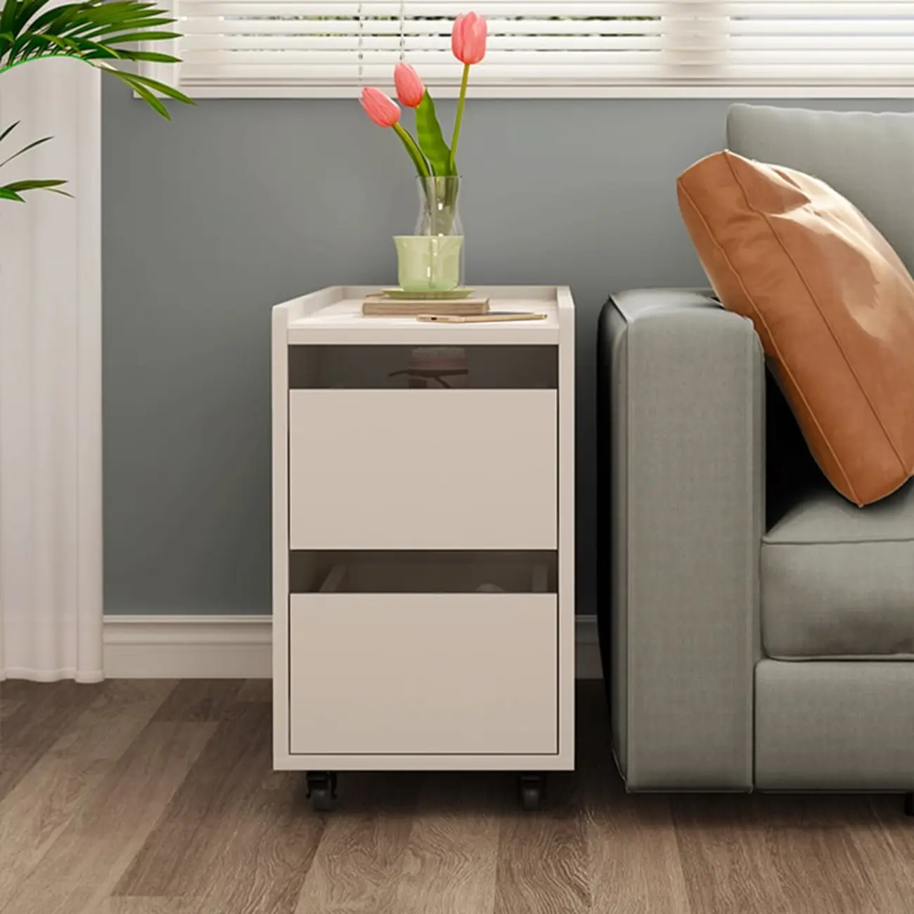 Living Room Off White Wood Sliding Side Table with Storage Image - 3 | homeyfad