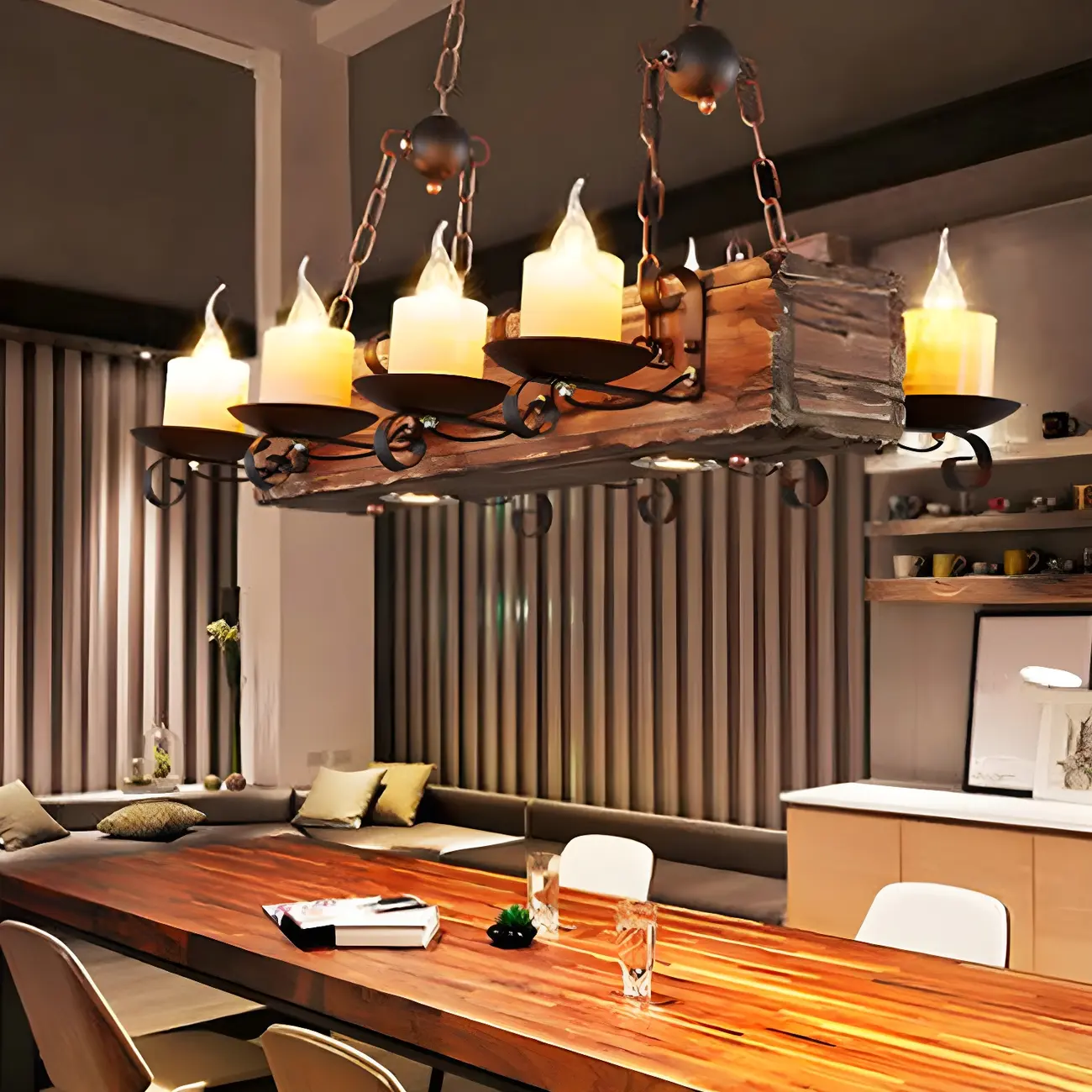 Industrial Brown Wood 8-Light Kitchen Pendant Light Image - 2 | homeyfad