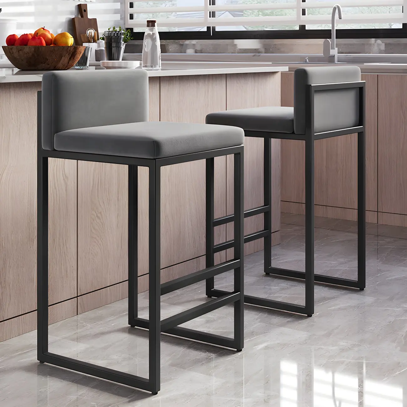 Square Velvet Upholstered Metal Base Counter Bar Stools Image - 1 | homeyfad