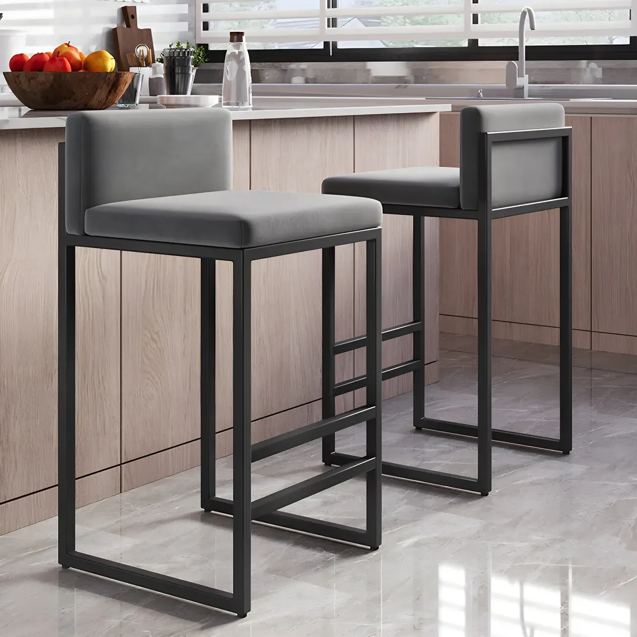Square Velvet Upholstered Metal Base Counter Bar Stools Image - 1