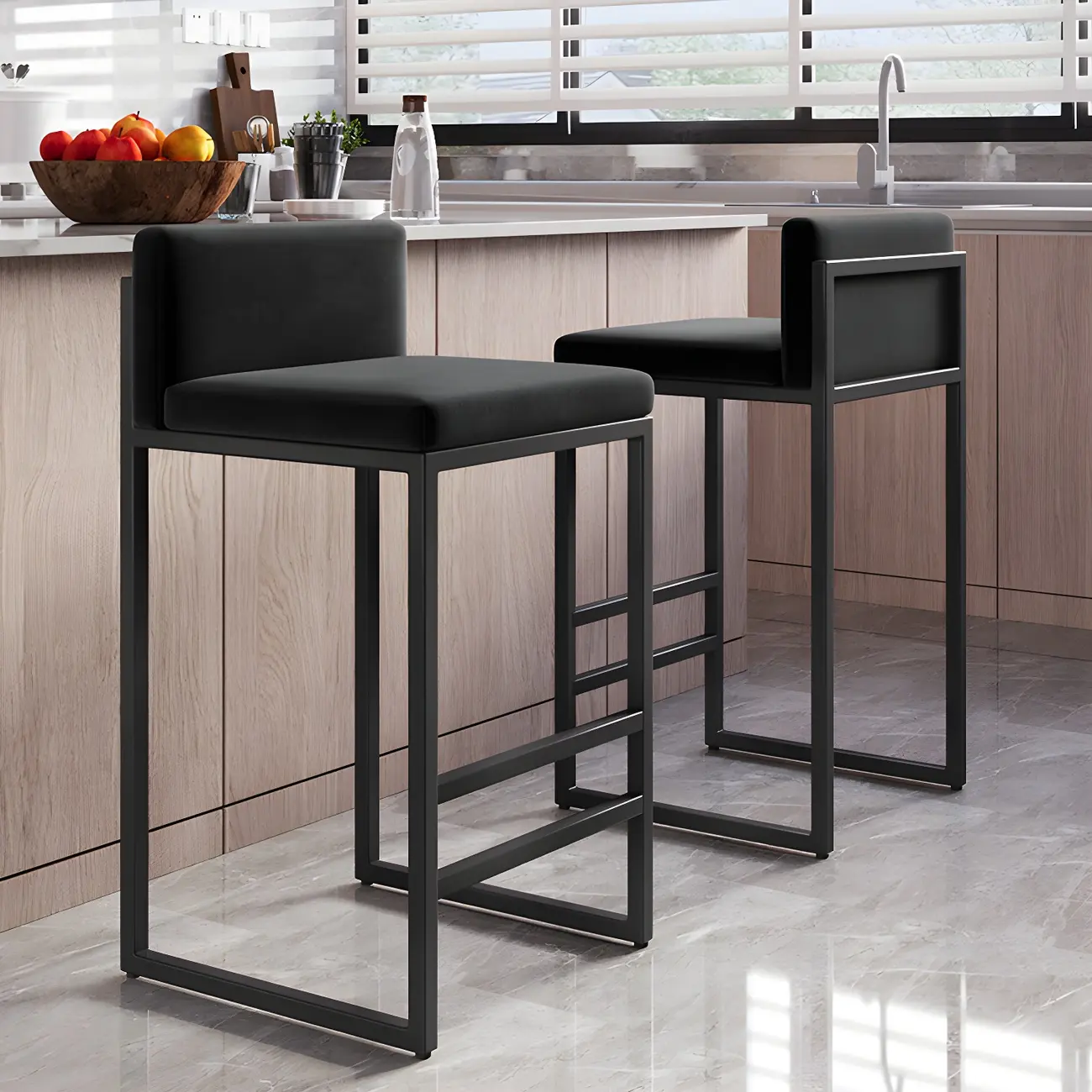 Square Velvet Upholstered Metal Base Counter Bar Stools Image - 2 | homeyfad