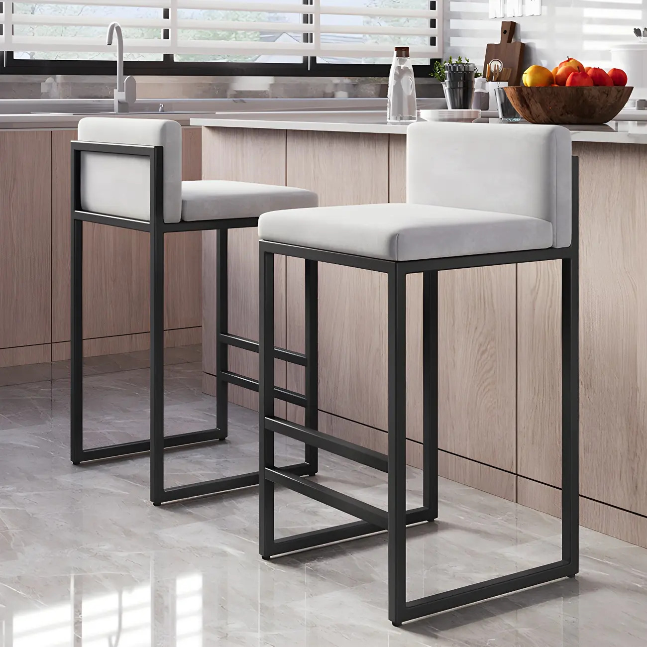 Square Velvet Upholstered Metal Base Counter Bar Stools Image - 6 | homeyfad
