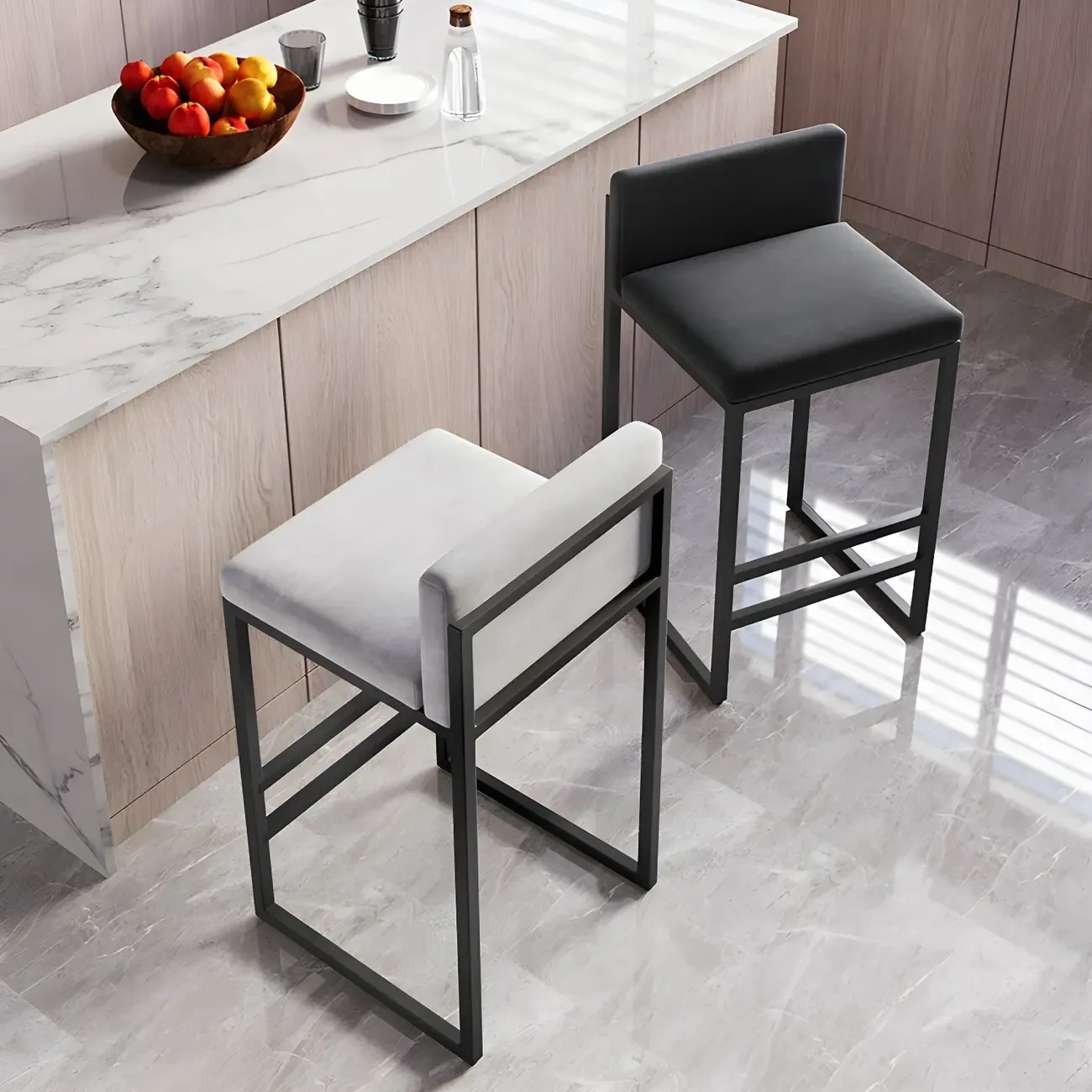 Square Velvet Upholstered Metal Base Counter Bar Stools Image - 8