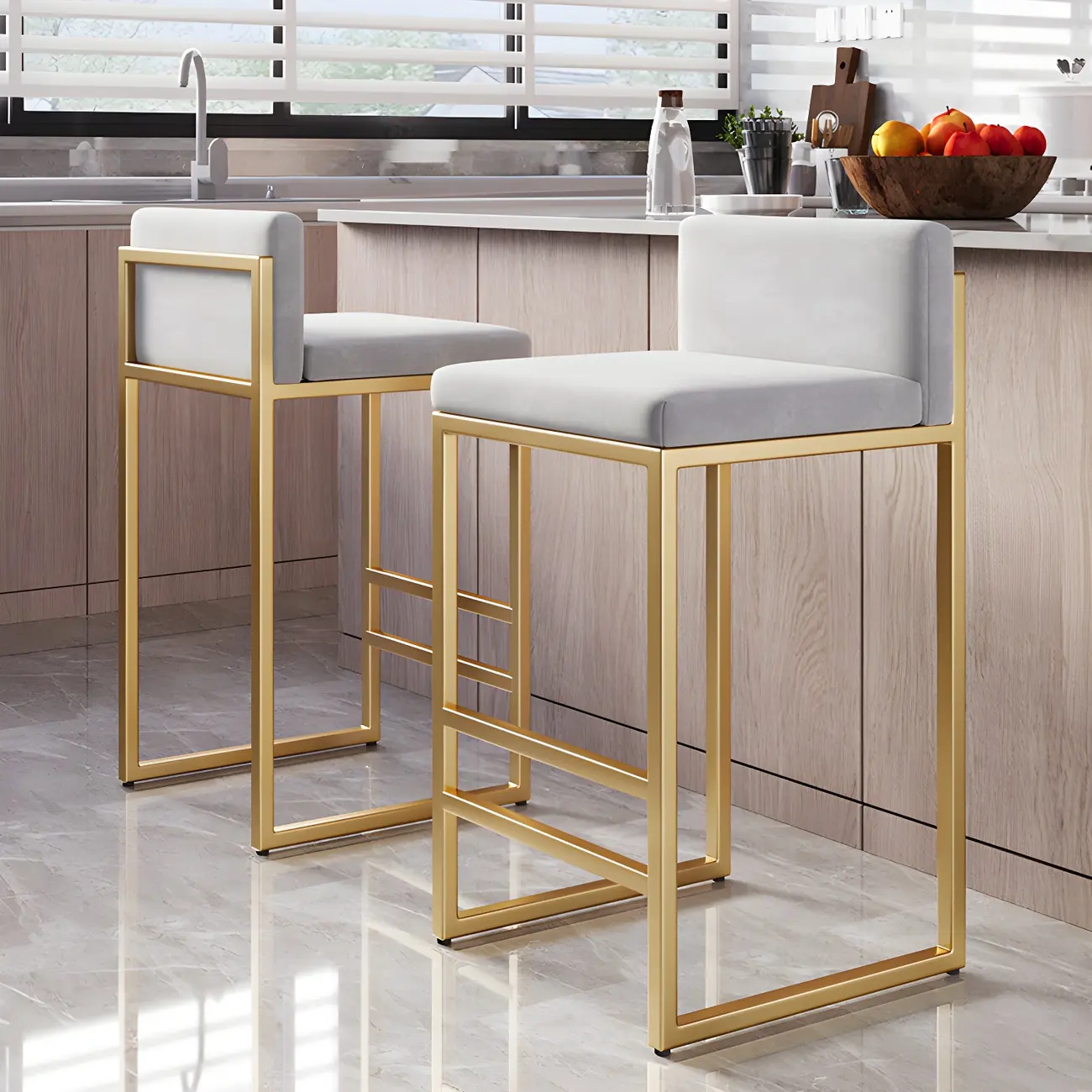Square Velvet Upholstered Metal Base Counter Bar Stools Image - 9 | homeyfad
