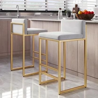 Square Velvet Upholstered Metal Base Counter Bar Stools Image - 9