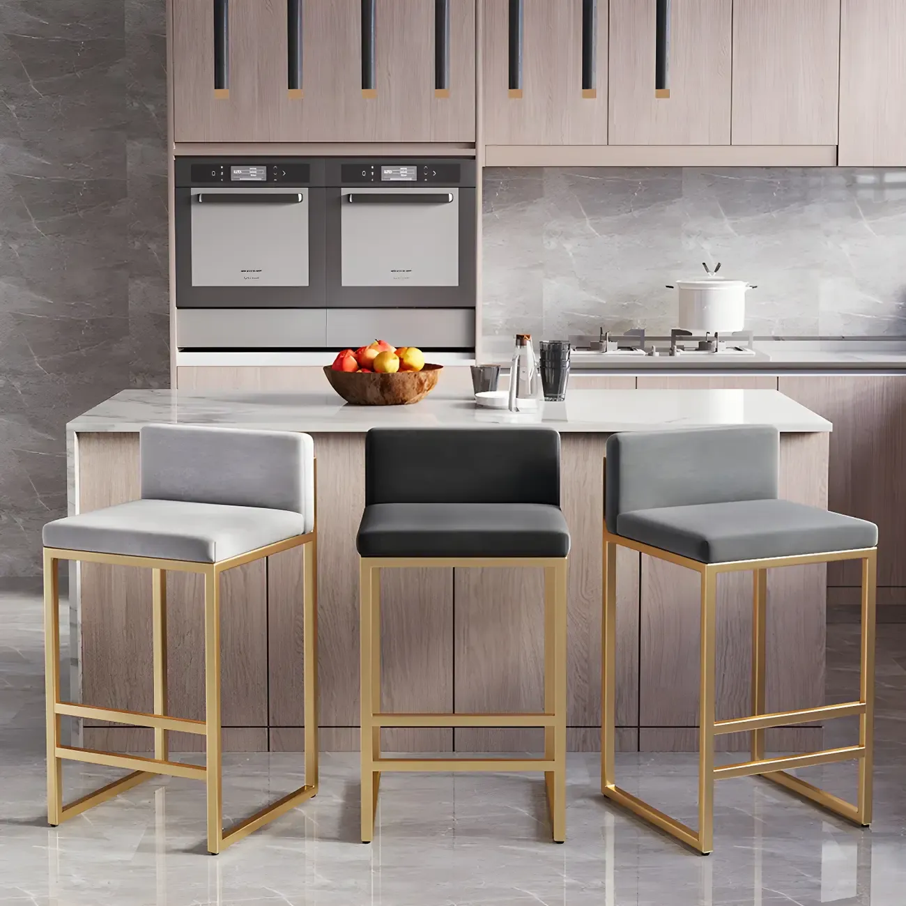 Square Velvet Upholstered Metal Base Counter Bar Stools Image - 3