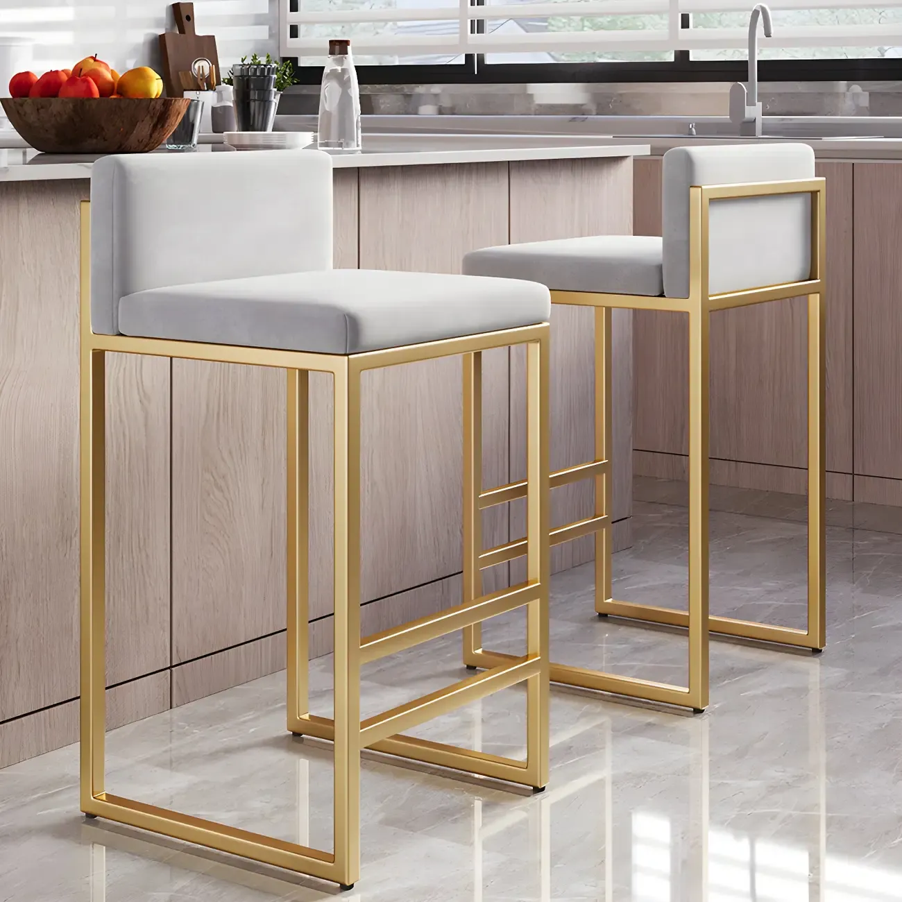 Square Velvet Upholstered Metal Base Counter Bar Stools Image - 5