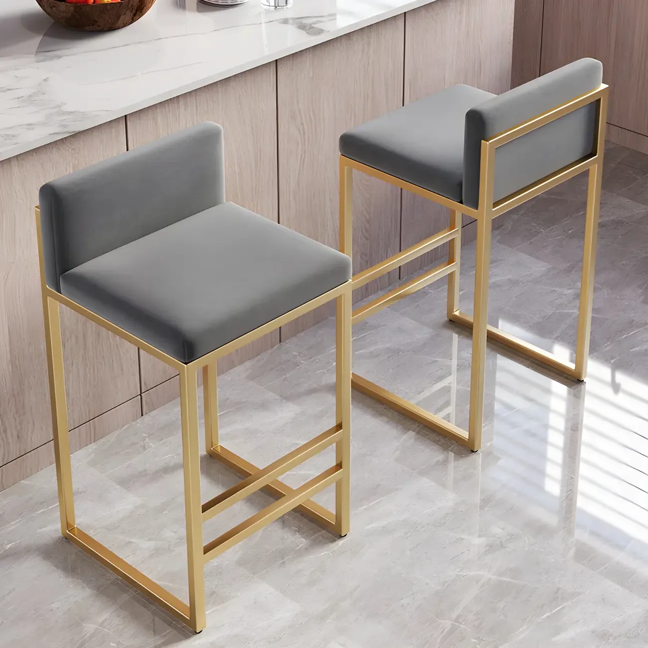 Square Velvet Upholstered Metal Base Counter Bar Stools Image - 7