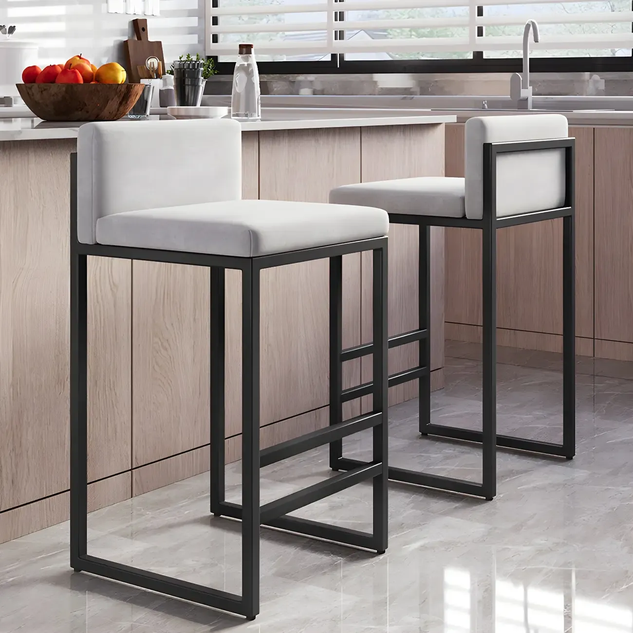 Square Velvet Upholstered Metal Base Counter Bar Stools Image - 12