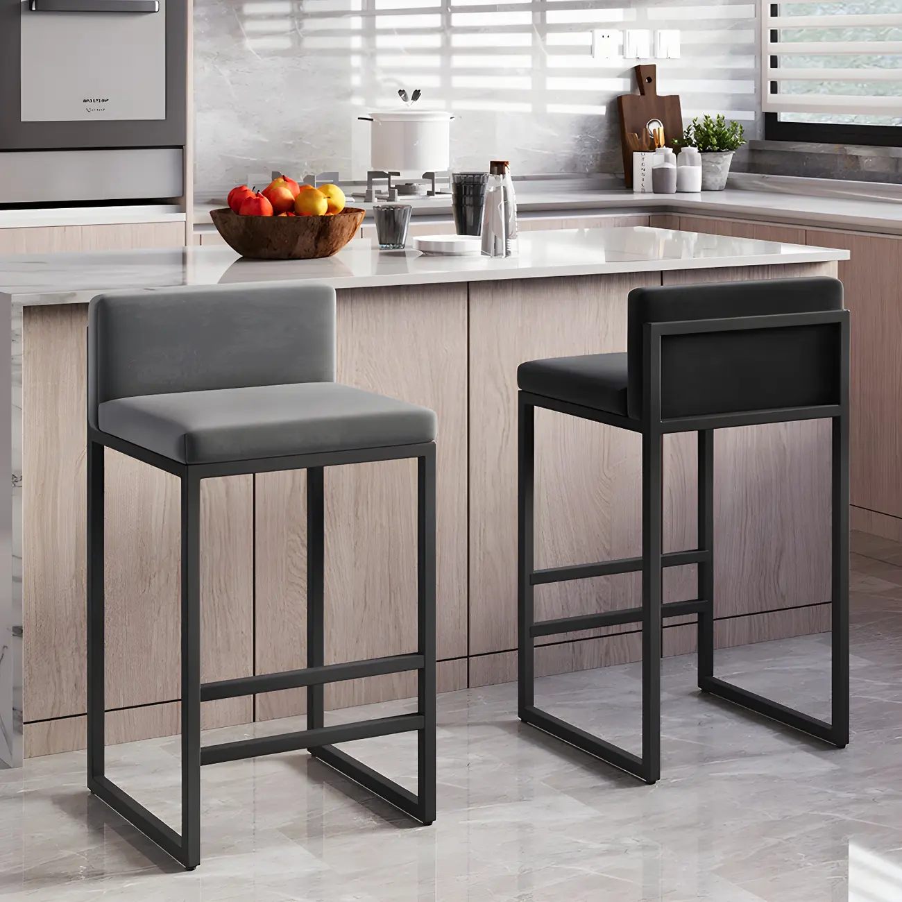 Square Velvet Upholstered Metal Base Counter Bar Stools Image - 29 | homeyfad