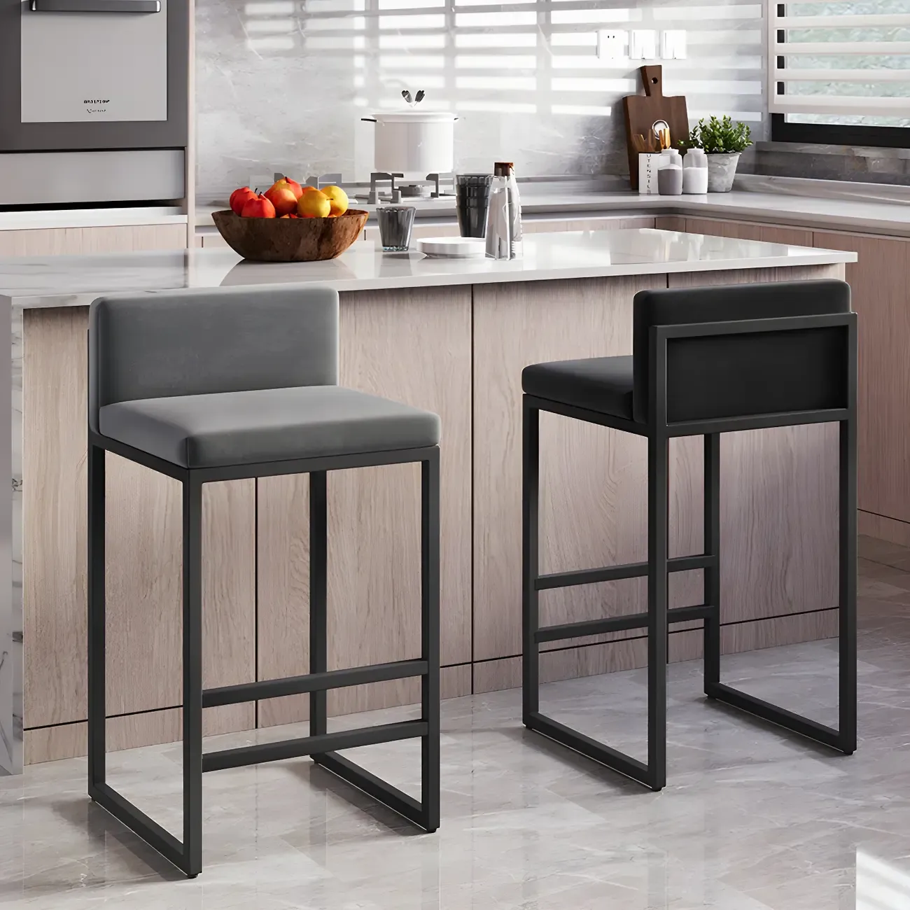Square Velvet Upholstered Metal Base Counter Bar Stools Image - 29