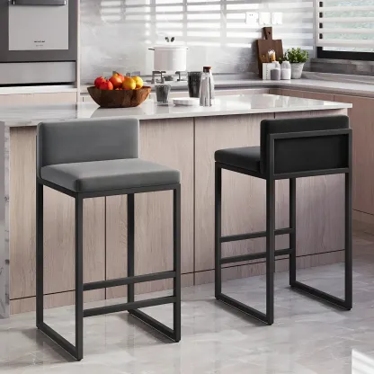 Square Velvet Upholstered Metal Base Counter Bar Stools Image - 29
