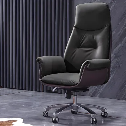 Adjustable Genuine Leather Ergonomic Office Chair With Casters Image - 1