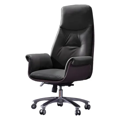 Adjustable Genuine Leather Ergonomic Office Chair With Casters Image - 3