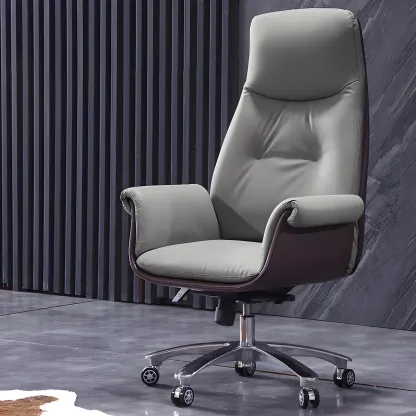 Adjustable Genuine Leather Ergonomic Office Chair With Casters Image - 9