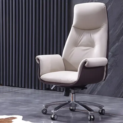 Adjustable Genuine Leather Ergonomic Office Chair With Casters Image - 15