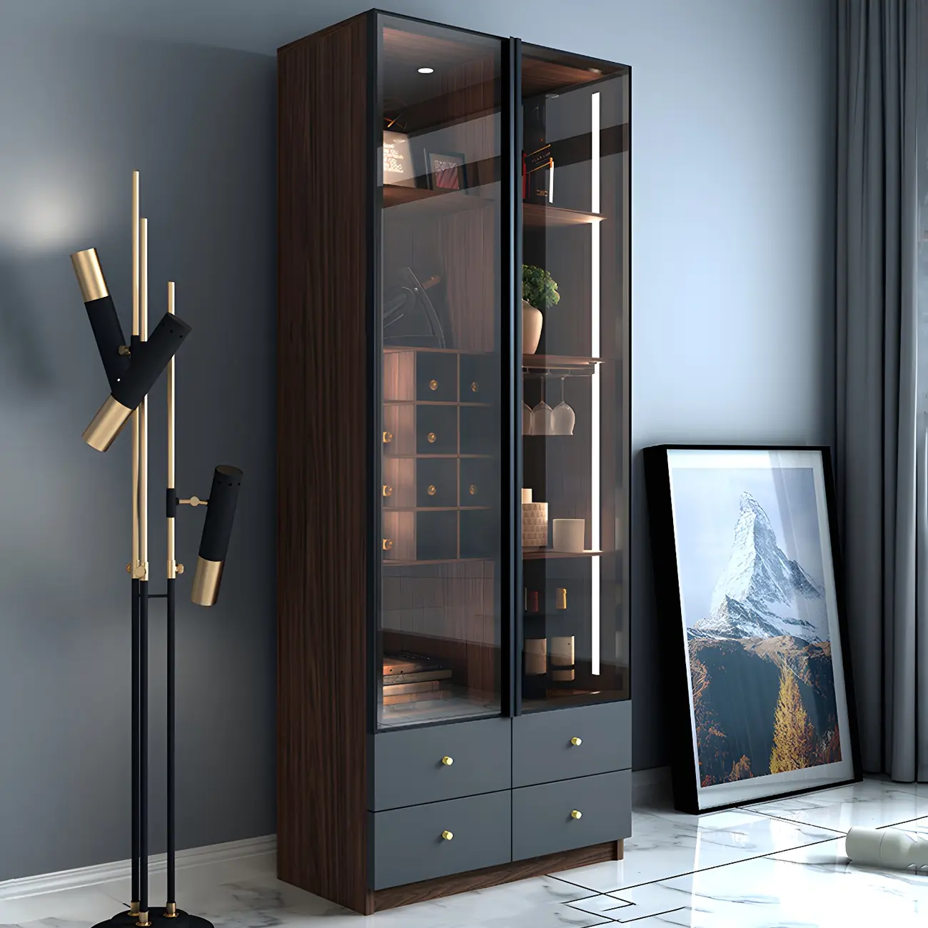 Black Glass Door Wood Display Cabinet with Wine Storage Image - 1 | homeyfad