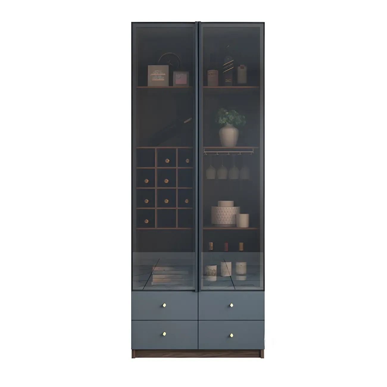 Black Glass Door Wood Display Cabinet with Wine Storage Image - 3